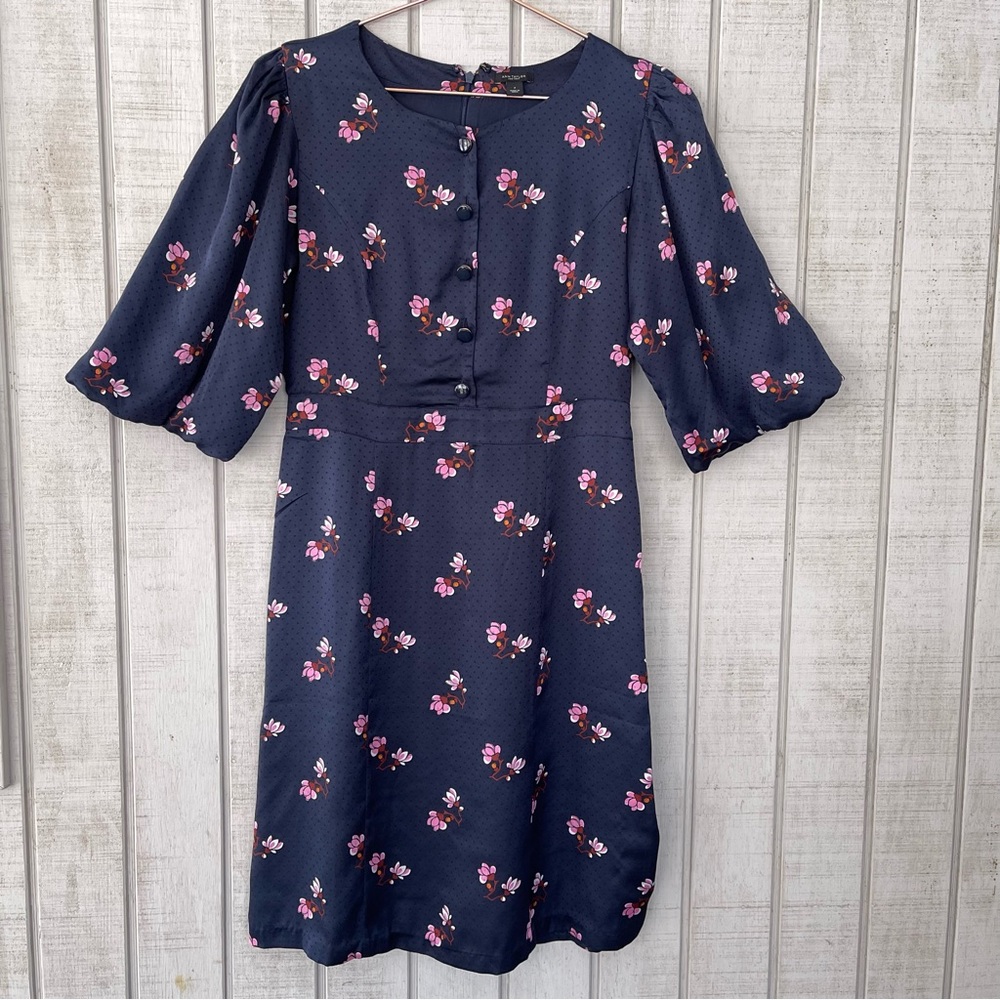 Ann Taylor Navy Floral Polka Dot Midi Dress Puff Sleeve Button Front 2